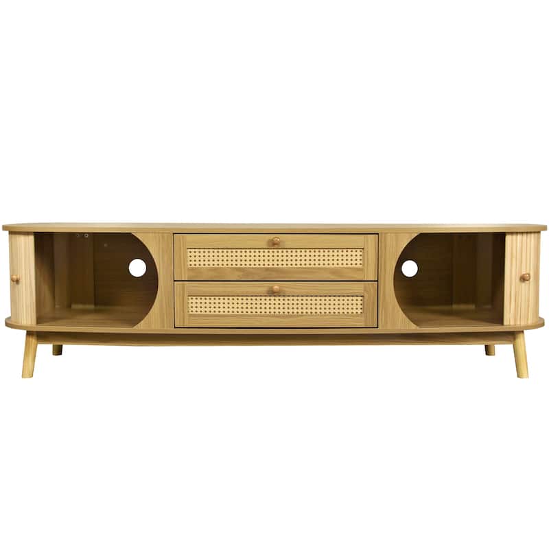 Rattan TV Stand Media Console w/ Sliding Doors Cabinets & 2 Drawers