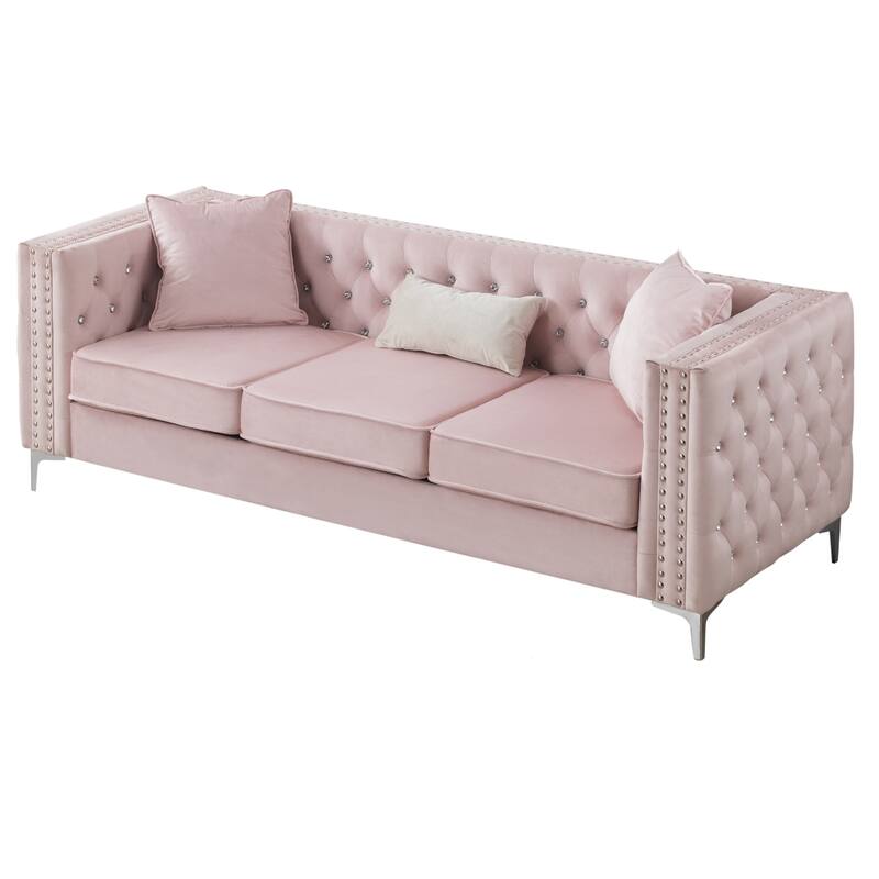 Button Tufted 3-Seater Velvet Sofa with Throw Pillows - 86" - Pink