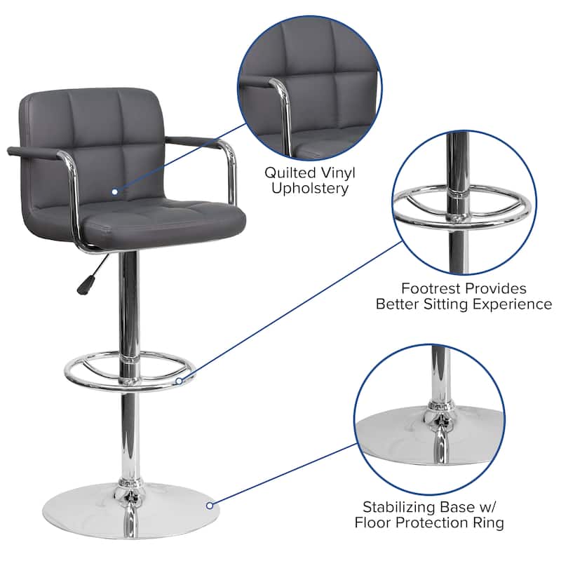 Quilted Vinyl Adjustable Height Barstool with Arms and Chrome Base - 20"W x 18"D x 36.75" - 45.25"H