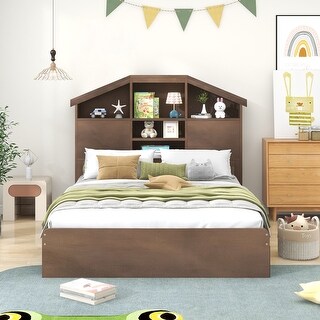 Full Size Wood Single Bed Slats Platform Storage Bed Walnut Finish House-shaped Storage Headboard with 5 Storage Shelves