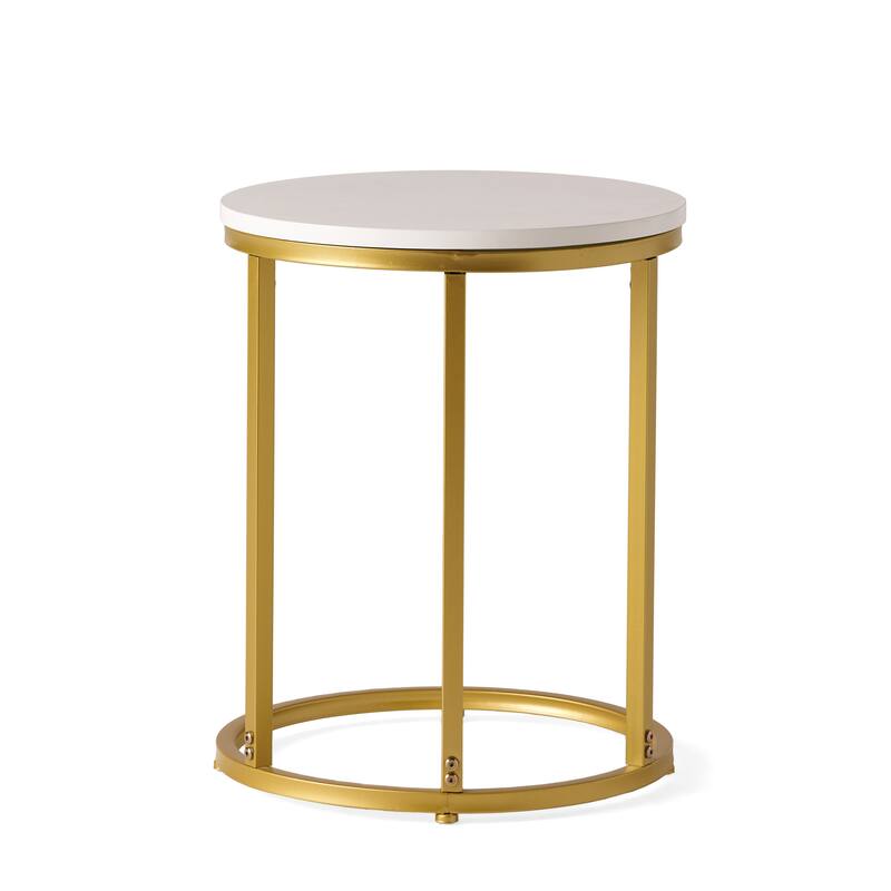 Roomfitters Round End Table with Metal Frame, Modern Accent Side Table for Living Room or Bedroom, Gold + White