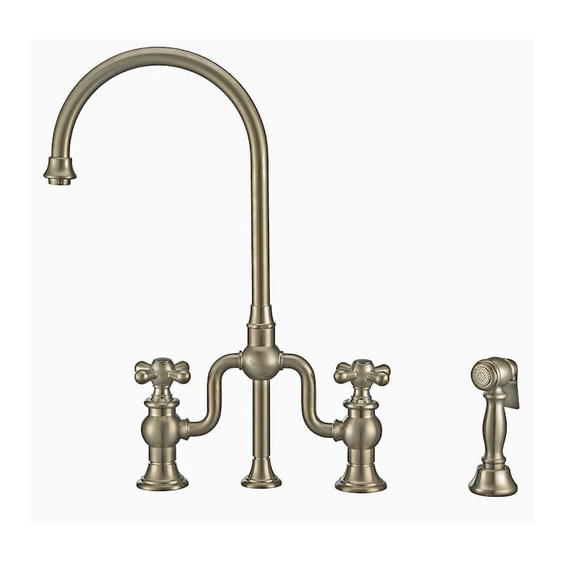 Bridge Faucet with Swivel Spout, Cross Handles and Solid Metal Side Spray