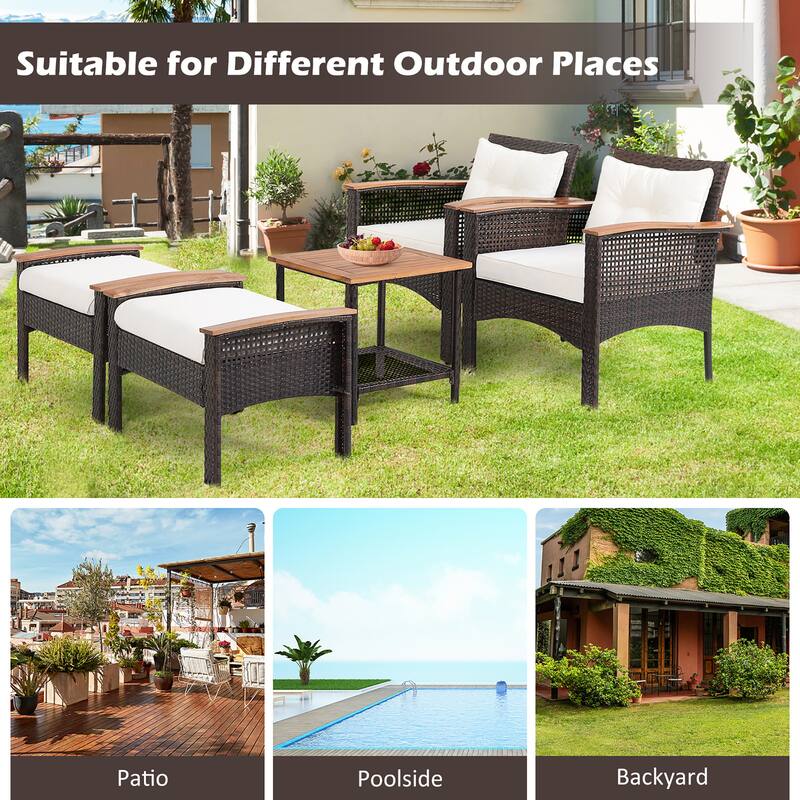 Costway 5PCS Patio Rattan Furniture Set Acacia Wood Table Armrest - 20''x 20''x 20''