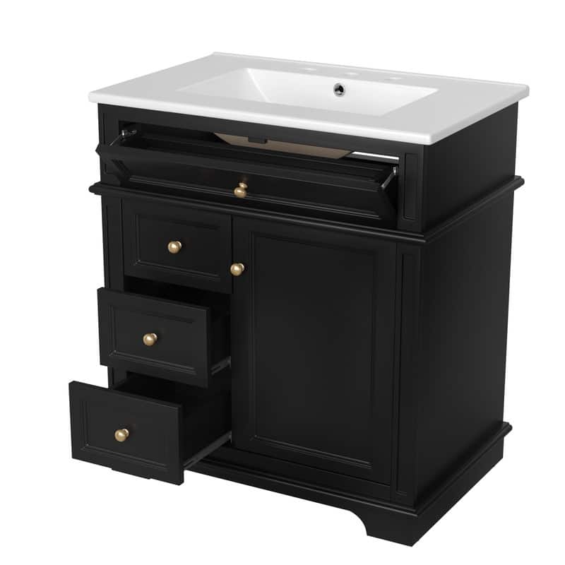 30" Bathroom Vanity with Ceramic Sink, Bathroom Vanity Cabinet with 3 Drawers, 1 Tip-out Drawer, Door Shelf & Soft Closing Door