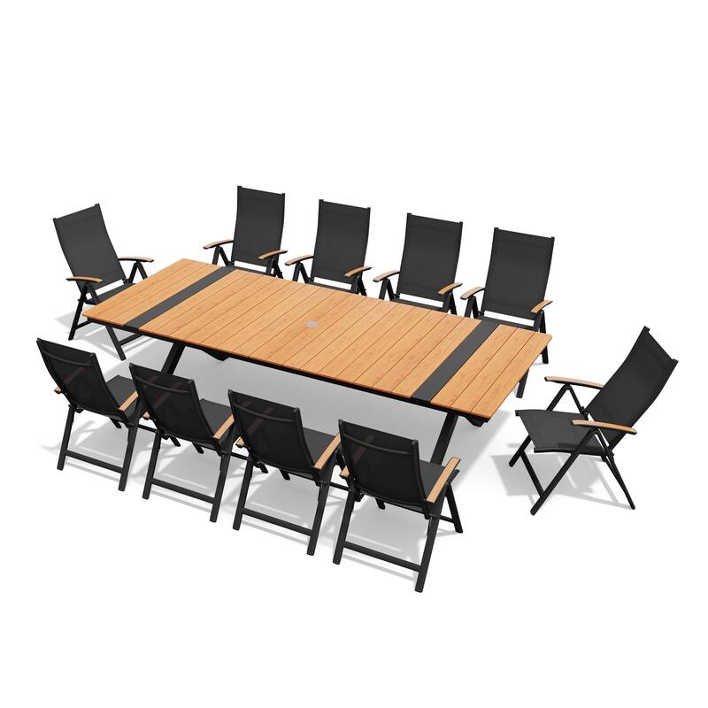 11-Piece Set Outdoor Aluminum Dining Table with Umbrella Hole and Foldable Chairs