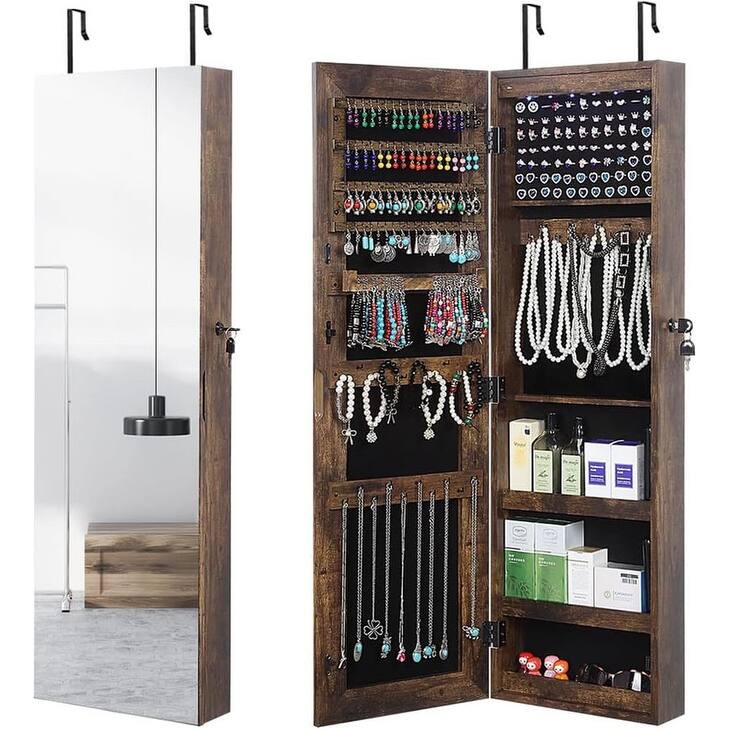 Jewelry Organizer Storage with Lights Lockable - 3.8"D x 11.8"W x 39.4"H - Brown
