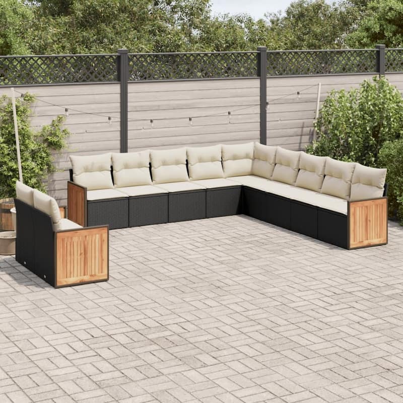 vidaXL Patio Sofa Set with Cushions Outdoor Conversation Furniture Poly Rattan - Black and Cream - 24.4 x 24.4 x 27.2