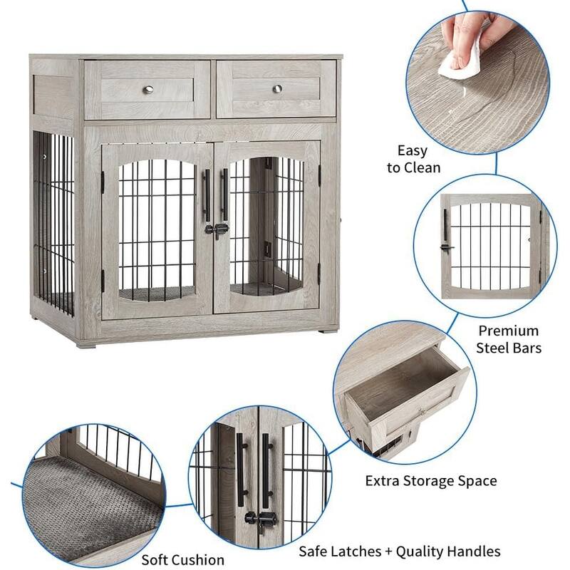 Dog Crate Furniture with Drawers, Wooden Kennel Table with 3 Doors