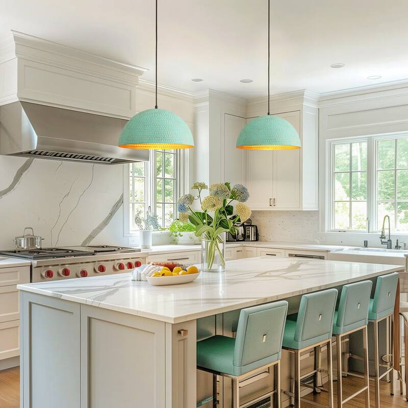 15.7" 1-Light Retro Antiqued Green Hammered Dome Pendant with Gold Interior Hanging Light for Dining Room