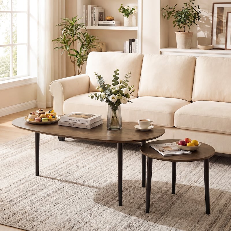 Gymax Nest Coffee Tables Set of 2 Modern Accent Tables w/ Solid Wood