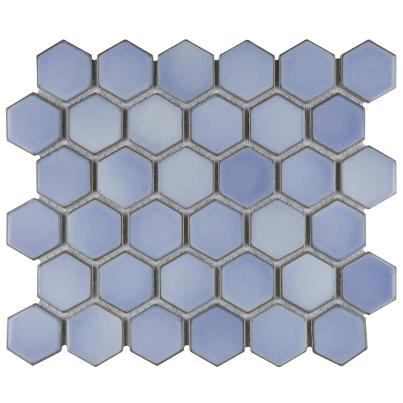 Merola Tile Hudson Due 2" Hex Frost Blue 10-7/8" x 12-5/8" Porcelain Mosaic Floor and Wall Tile - Case (10 Tiles)