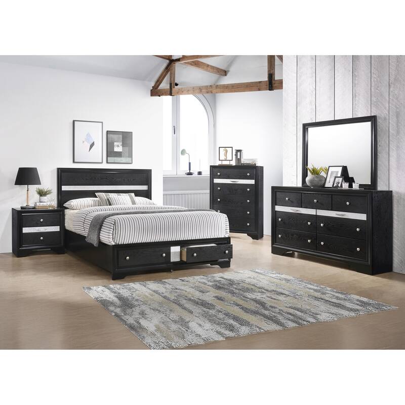 Queen Platform Bed with Storage Drawers, Black Silver Finish, Solid Wood Design