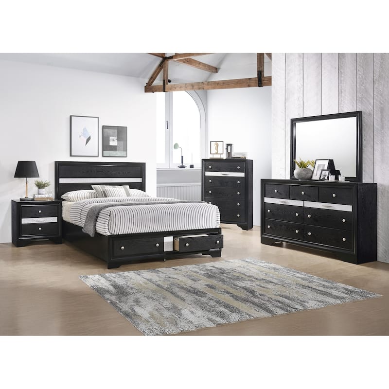 Queen Size Wood Platform Bed with Storage Drawers and Shimmering Silver Accents