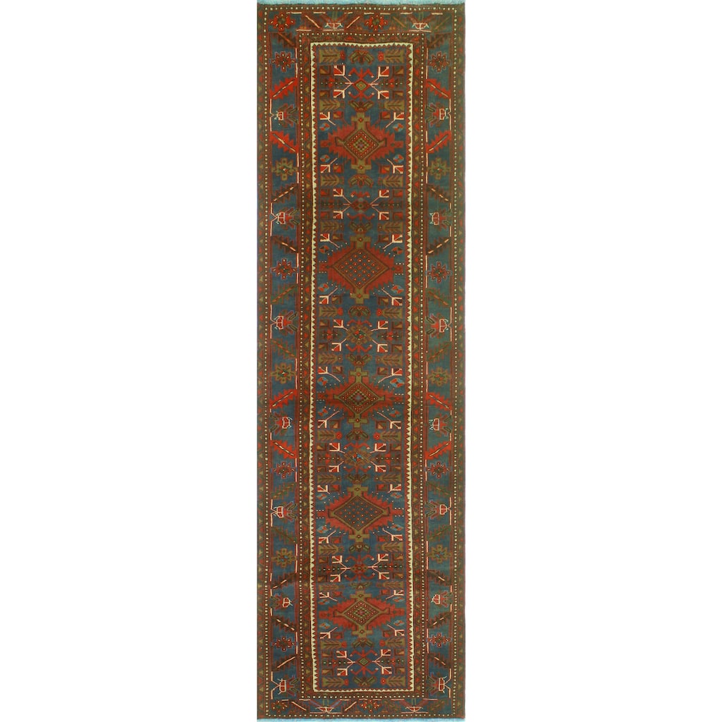 Fine Vintage Distressed Tajwar Rust/Blue Runner - 3'4" x 11'1"