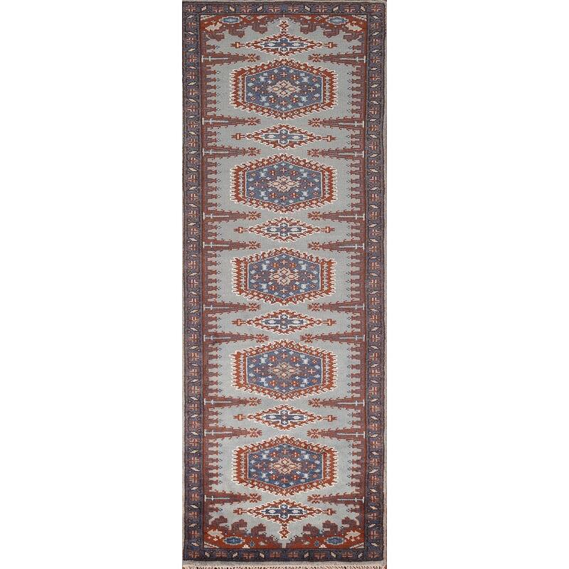 Geometric Viss Indian Runner Rug Hand-Knotted Wool Carpet - 2'6"x 9'7"