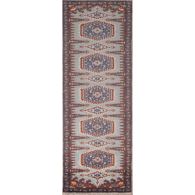Geometric Viss Indian Runner Rug Hand-Knotted Wool Carpet - 2'6"x 9'7"