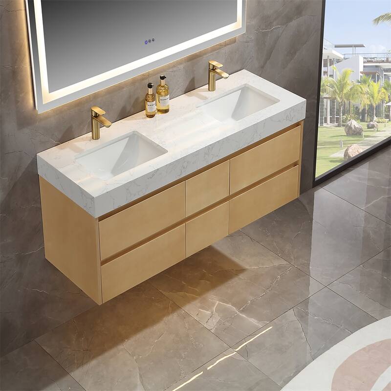 48 in./ 60 in. Solid Wood Wall-Mounted Bathroom Vanity Set in Maple with Engineered Stone Top and Ceramic Sink