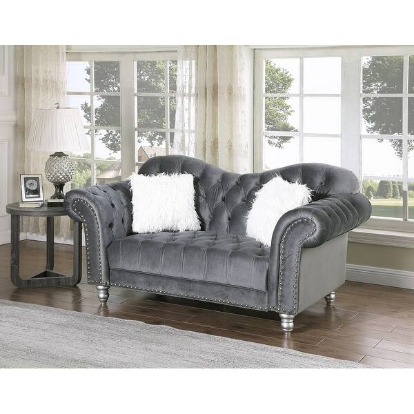 Titanic Furniture Mariann Button Tufted Loveseat in Soft Gray Velvet with Nailheads 38" H x 70