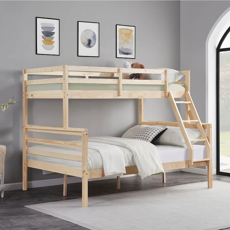 Twin Over Full Bunk Bed,Solid Wood Frame,High Guardrail,Safe for Kids - Natural
