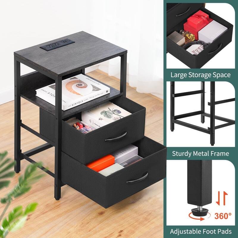 Nightstand with Charging Station,Small Night Stand with Fabric Drawers & Storage Shelf,Small Spaces with USB Ports & Outlets