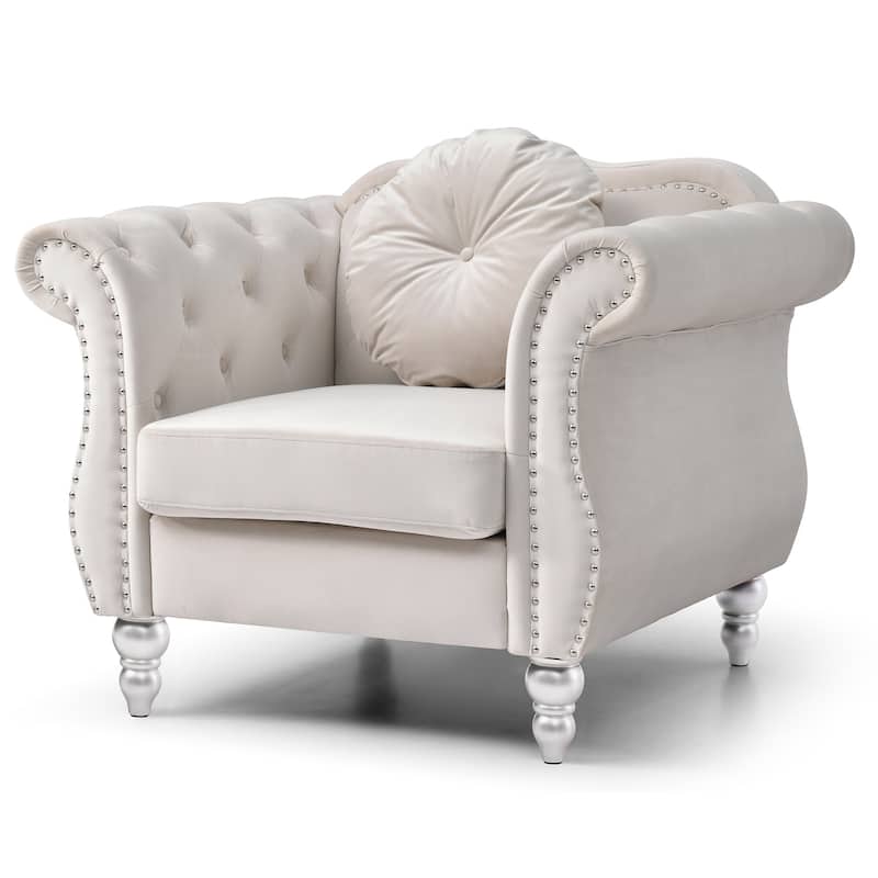 Velvet Accent Chair with Tufted Round Pillow - 39" - Cream