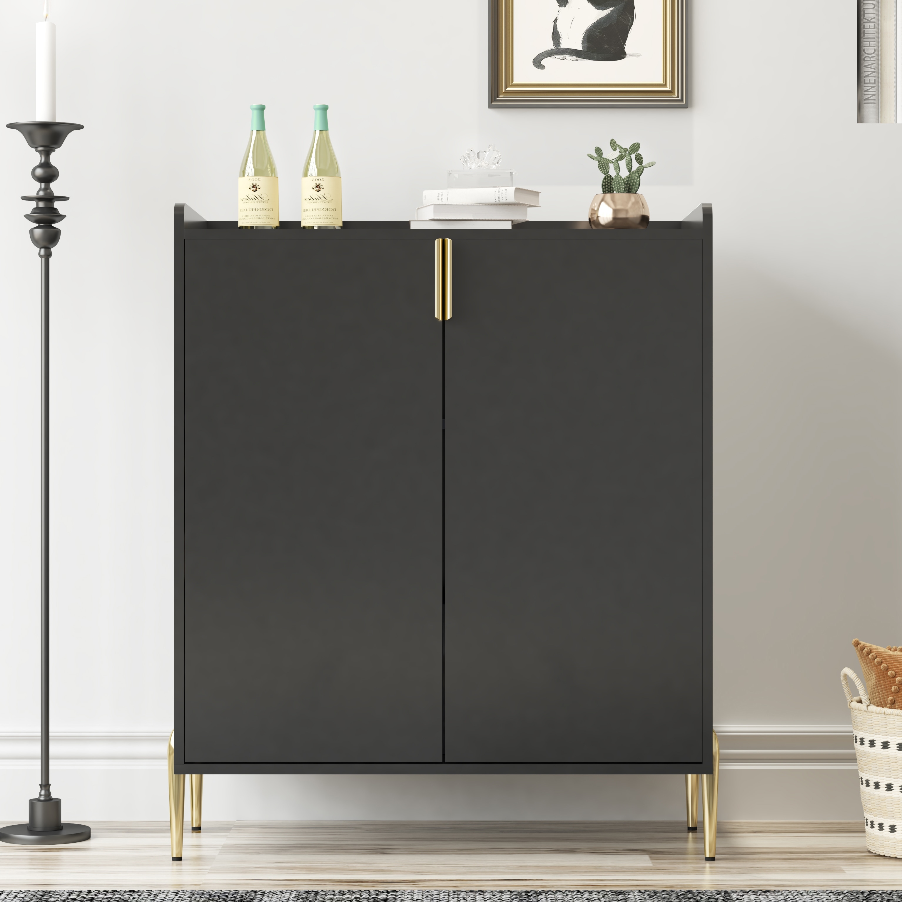 GDFStudio - Marlowe Wood Liquor Buffet Cabinet with Wine Rack and Adjustable Storage Shelf