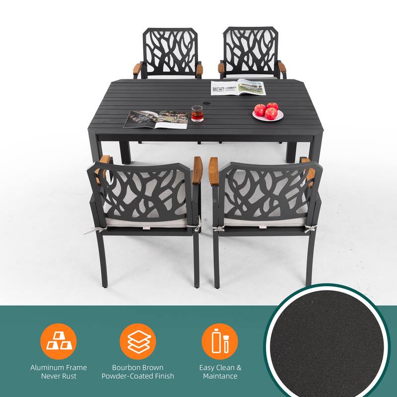5-Piece Outdoor Aluminum Dining Set with Rectangular Table & 4 Chairs - Branch Backrest, Sunbrella Cushions, Bourbon Brown