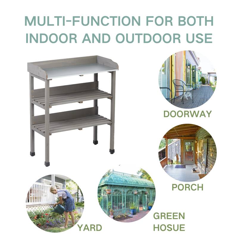 30″x14.5″×35.5″ Potting Table w/Metal Tabletop, 3 Layers Outdoor Work Bench
