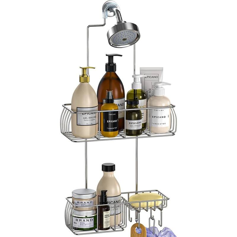 Shower Caddy Hanging, Anti-Swing Over Head Shower Caddy Rustproof with hooks for Towels, Sponge and more - SIlver