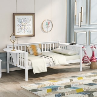 Nordic Twin Size Wood Creative Daybed w/ Shelves Platform Bed Frame for Kids, Teens, Girls, Boys for Kids, Teens, Girls, Boys