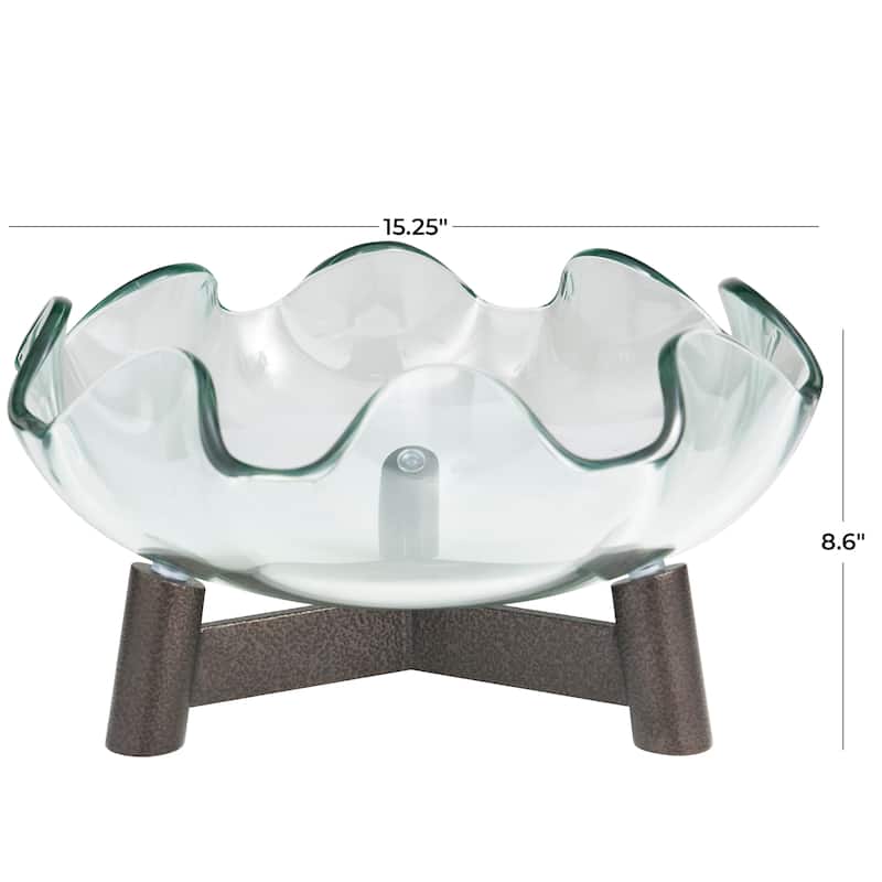 Clear Glass Floral Inspired Serving Bowl with Bronze Hammered Y-Shaped Stand