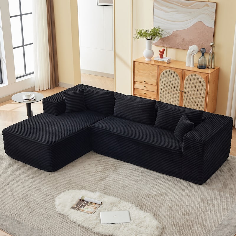 Floor Standing Modular Deep Seat Couch Corduroy L-shaped Sectional Sofa with Chaise Lounge, Pillows and Square Arms