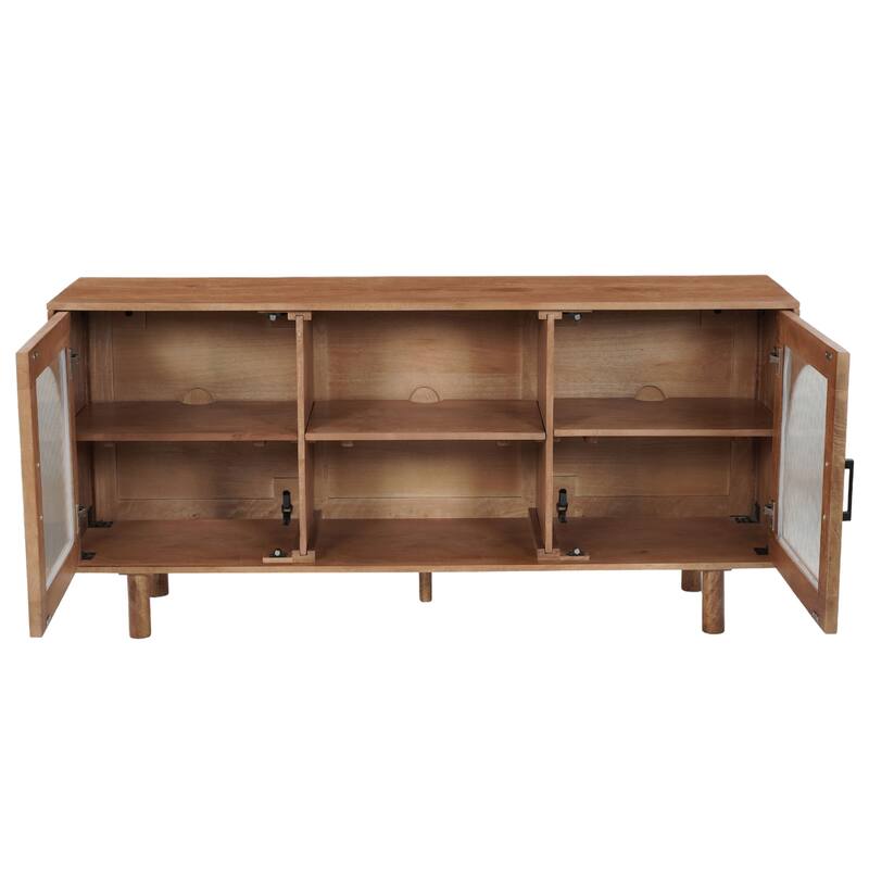 64 Inch James TV Stand Console, 2 Arch Glass Door Cabinets & Shelves, Walnut Brown Mango Wood