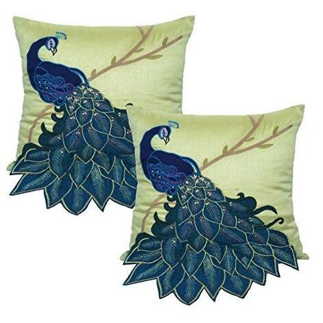 Embroidered Gorgeous Peacock Decorative Pillow Case 18 Inch by 18 Inch