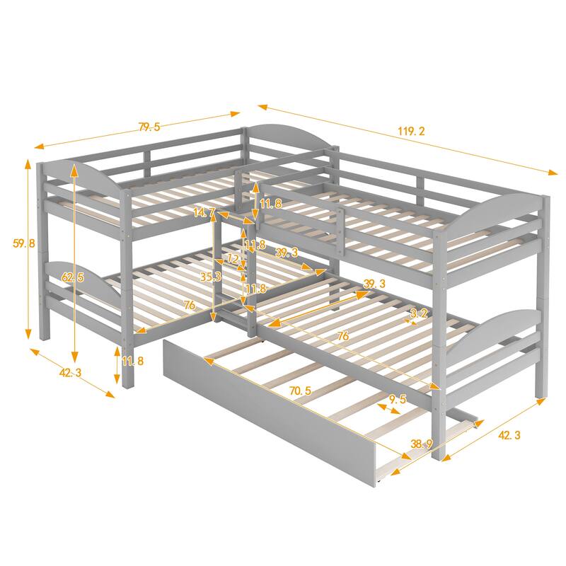 Twin L-Shaped Bunk Bed with Trundle Solid Pine Wood Convertible Beds