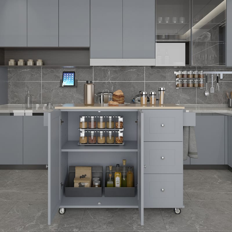 52.7" W Rolling Mobile Kitchen Island with Solid Wood Top and Locking Wheels,Storage Cabinet and Drop Leaf Breakfast Bar