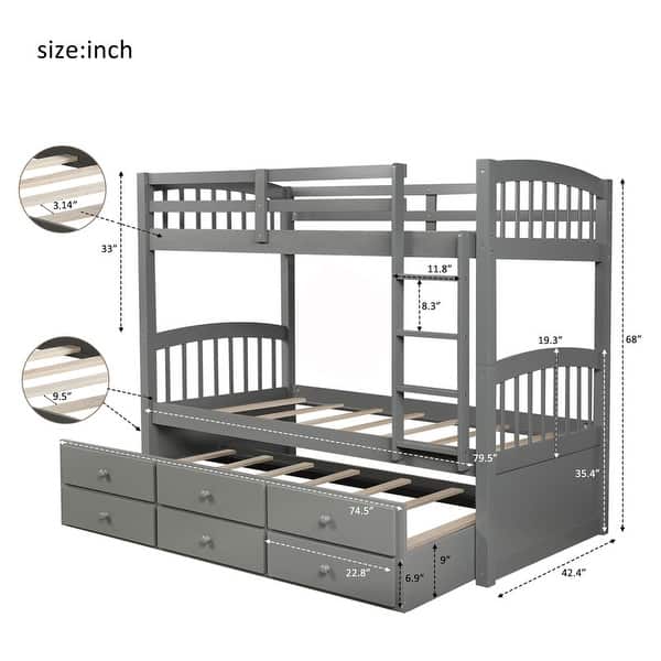 Wooden Twin over Twin Bunk Bed with Trundle and Drawers, Grey