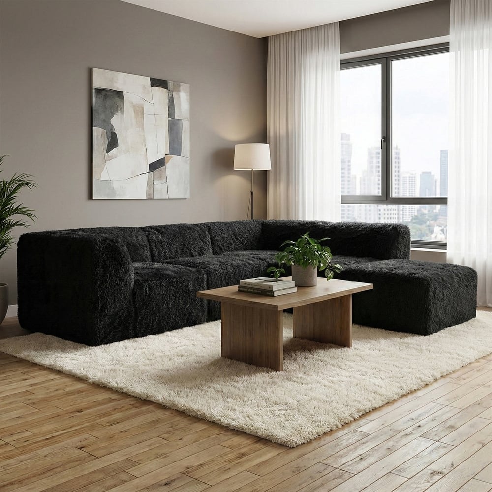 Furniture of America Ylena Modern 5-Piece Faux Fur Foam Modular Compressed Sectional Sofa with Ottoman