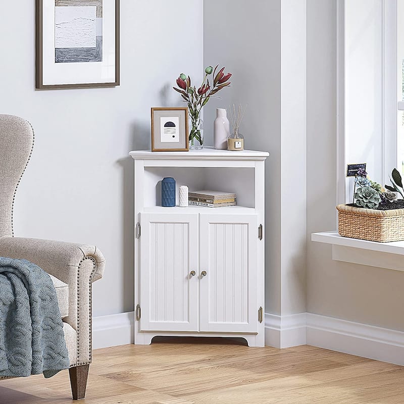 UTEX Corner Free Storage Cabinet, Bathroom Floor Corner Cabinet with Doors and Shelves for Bathroom, Kitchen, Living Room, White - White