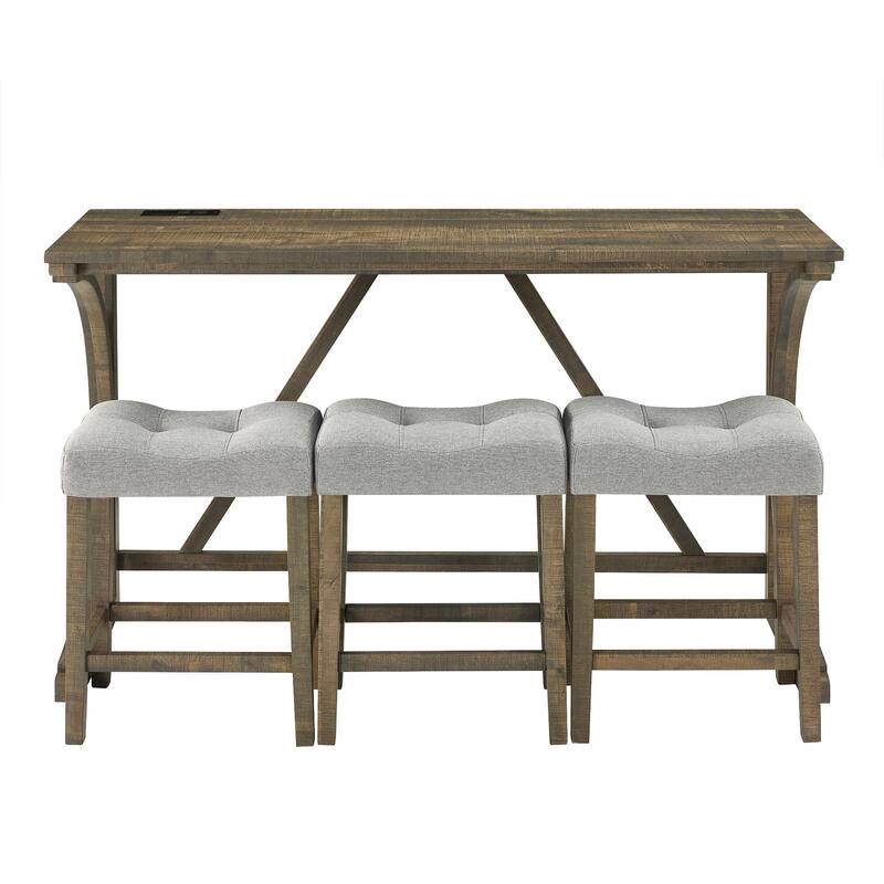 Bar Table & Chairs Set with Power Outlet, Breakfast Nook Coffee Table Side Table Padded Seat with Wood Legs