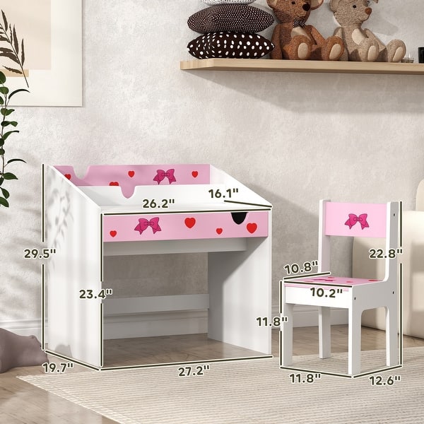 Qaba Kids Desk and Chair Set, Kids Study Desk with Storage, Student Writing Desk for Bedroom & Study Room with Drawer