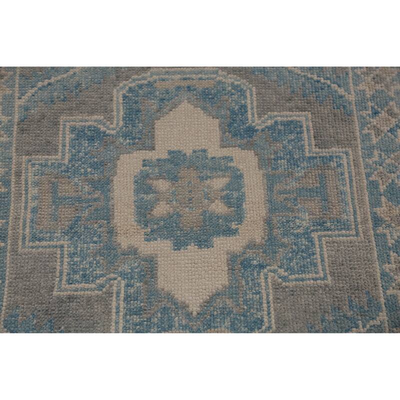 Hand Knotted Oriental 100% Wool Carpet Transitional Geometric Greys & Charcoal Oushak Runner Rug - 13' 10'' X 3' 1''
