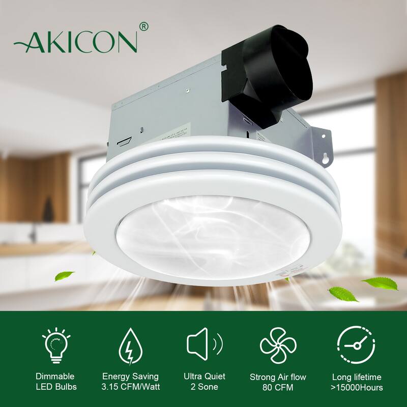 Akicon Ultra Quiet Bathroom Exhaust Fan with LED Light 80CFM 2.0 Sones Round Bathroom Ventilation Fan with Frosted Glass Cover