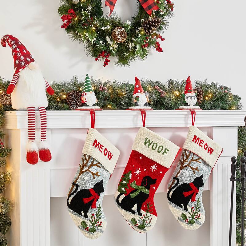 Glitzhome Resin Santa Snowman Penguin Gnomes with JOY Christmas Stocking Holders Mantel Ornament(Set of 3)