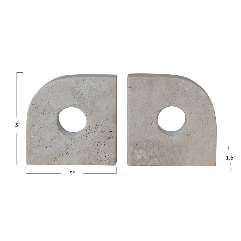 Travertine Bookends with Circle Cut-Outs - 5.0"L x 1.5"W x 5.0"H