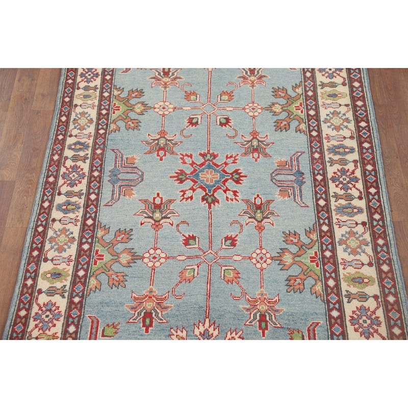 Light Blue Geometric Kazak Oriental Accent Rug Handmade Wool Carpet - 3'10" x 6'5"