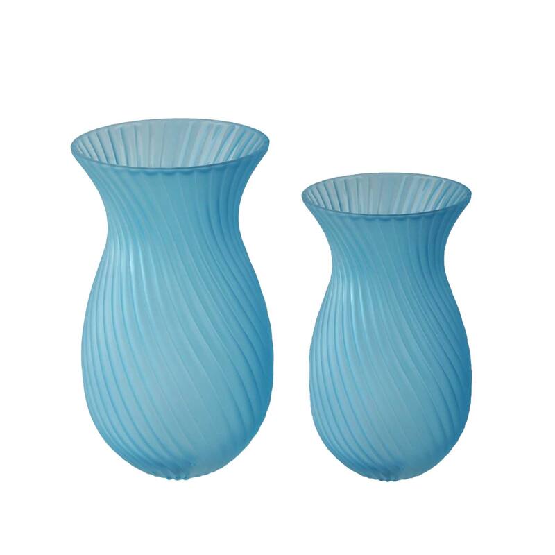 Frosted Glass Tulip Table Vases, Set of 2 with Swirl Pattern Design - Blue