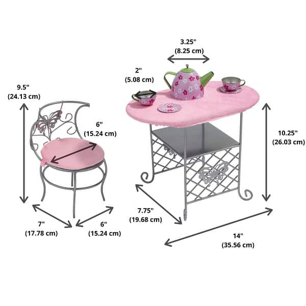 Badger Basket Tea Time Metal Doll Table and Chair Set with Accessories - Silver/Pink/Multi