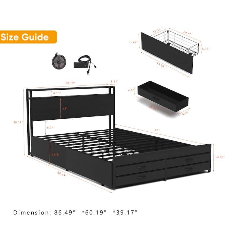 Black Platform Bed Metal Slat Support Frame with 8 Drawers, LED Headboard and Charging Station, No Box Spring Needed Storage Bed