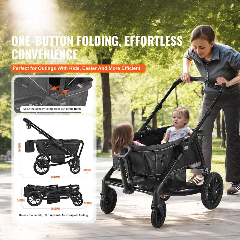 Carbon Steel All-Terrain Stroller Wagon Foldable Twin with Canopy and Tray - 47.2” L x 27.2” W x 42.1” H